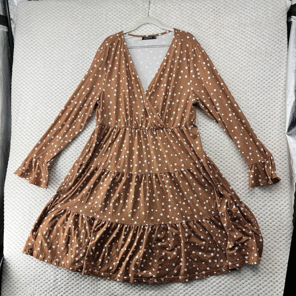 Brown Polka Dot Tiered Long-Sleeve Dress